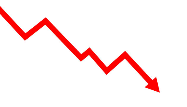 Red arrow graph, business stock market investment down fall direction loss stock market crash, Down fall trend red arrow graph, Red arrow chart graph in downward direction, concept of stock market.