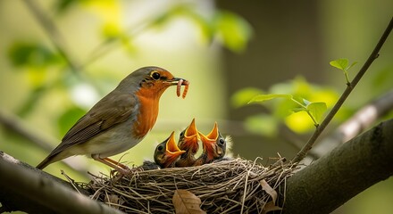 Robin feeding its hungry chicks in a nest, showcasing parental care and new life in nature.