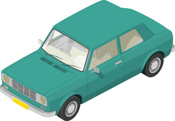 Isometric illustration of a classic vintage car in teal color, retro automobile design concept, 3D transport vector isolated on white