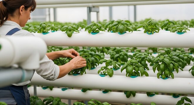 Woman tending to hydroponic basil plants in a modern greenhouse.