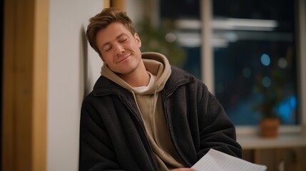 Fototapeta premium Candid moment of director resting against a wall, eyes closed with subtle smile, script in lap — symbolizing gratitude, personal fulfillment, reflective artistry, and the human emotions
