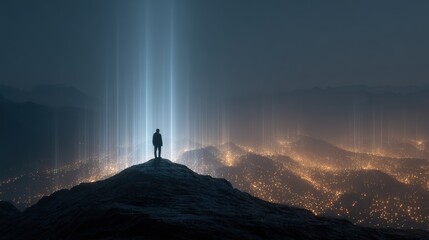 Silhouette On A Summit Watching Blue Beams Rise Over A Glowing Night City Below