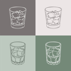 Collection of whiskey glasses with ice cubes. Line art.