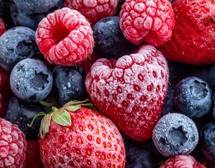 Close up frozen strawberries raspberries and blueberries covered in delicate ice crystals