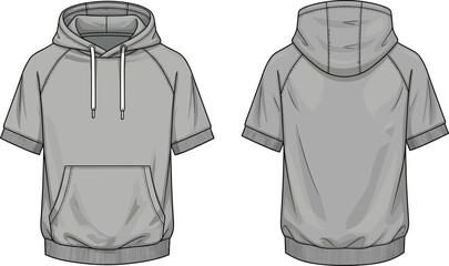 Short sleeve hoodie front and back view, modern casual streetwear design, fashion flat sketch, stylish unisex apparel template, CAD drawing illustration