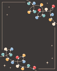 Christmas background with light bulbs and stars. Festive frame with Christmas lights on a dark background. 