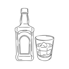 Whiskey bottle and glass with ice cubes on white background. Line drawing. 