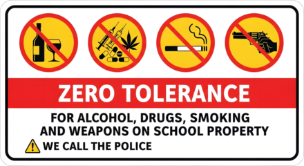 Zero Tolerance School Property Warning Sign, No Alcohol Drugs Smoking or Weapons Sign, Prohibition Safety Sign with Icons and Red Banner, School Zone Zero Tolerance Policy Notice, Security Enforcement