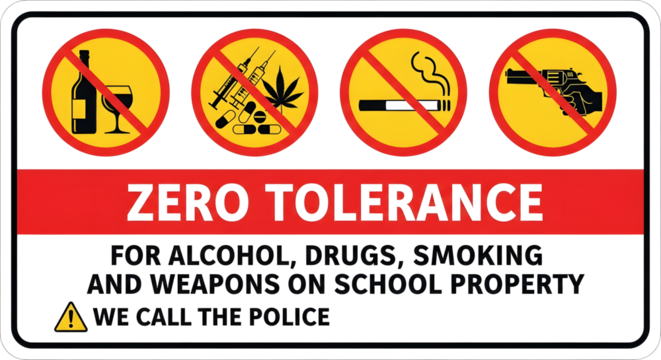 Zero Tolerance School Property Warning Sign, No Alcohol Drugs Smoking or Weapons Sign, Prohibition Safety Sign with Icons and Red Banner, School Zone Zero Tolerance Policy Notice, Security Enforcement