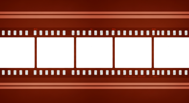 Blank 35mm Film Strip Isolated on Transparent Background, Vintage Reddish Brown Film Negative Template, Empty Photo Film Strip with Perforations, Horizontal Cinematic Film Frame Design Element