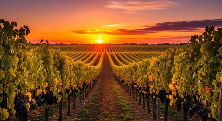 Fototapeta premium Vibrant Sunset Over a Lush Vineyard with Rows of Grapevines Stretching into the Horizon.