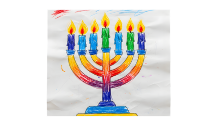 Colorful watercolor painting of a lit hanukkah menorah with vibrant flames and a textured background