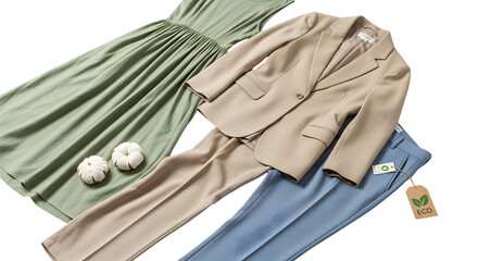 Elegant women s fashion ensemble featuring a light green dress and beige suit