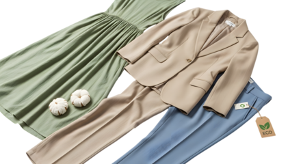 Elegant women s fashion ensemble featuring a light green dress and beige suit