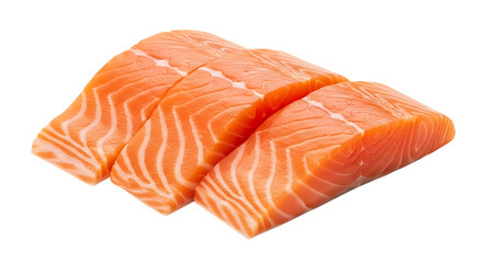 Three raw salmon fillets isolated on transparent background, ready to be cooked