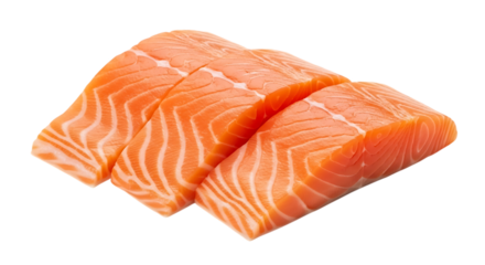 Three raw salmon fillets isolated on transparent background, ready to be cooked