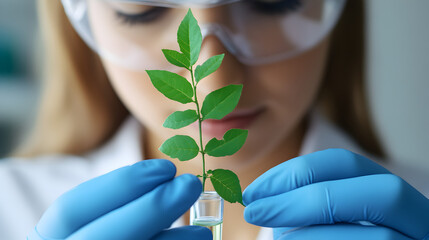 A beautiful young blonde woman with clean healthy skin holds a fresh green plant for a natural wellness and spa fashion shoot