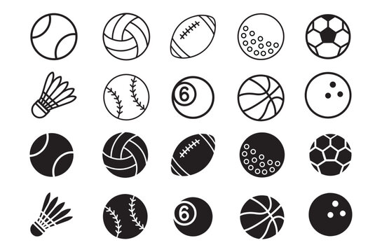 Collection of various sports balls silhouette and shuttlecocks icon set in black and white