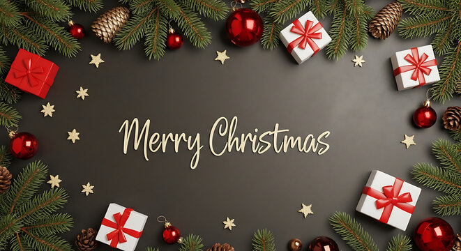 Elegant Christmas Flat Lay with Classic Decorations Framing a Festive Merry Christmas Greeting on a Sophisticated Dark Background