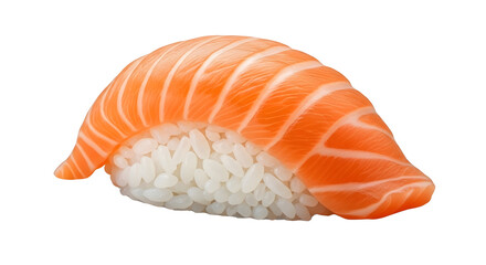 Single Salmon Nigiri Sushi on Transparent Background, High-Quality Sake Nigiri Close-Up, Raw Salmon Topped Sushi Isolated, Studio Shot of Sushi Rice with Salmon Slice, Fresh Salmon Nigiri Sushi Macro 