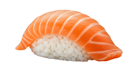 Single Salmon Nigiri Sushi on Transparent Background, High-Quality Sake Nigiri Close-Up, Raw Salmon Topped Sushi Isolated, Studio Shot of Sushi Rice with Salmon Slice, Fresh Salmon Nigiri Sushi Macro 