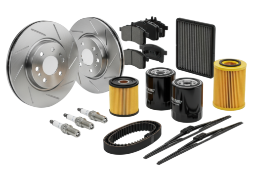 New brake disc, pads, air, oil, fuel filters, spark plugs, timing belt, and wiper blades, artfully arranged on a clean transparent background, studio shot. Concept of automotive quality and newness