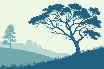 Bare Tree and Bird on Hill with Winding Path Vector - Blue Duotone Graphic