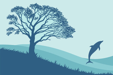 Dolphin Jumping by Tree Silhouette Vector - Coastal Duotone Graphic