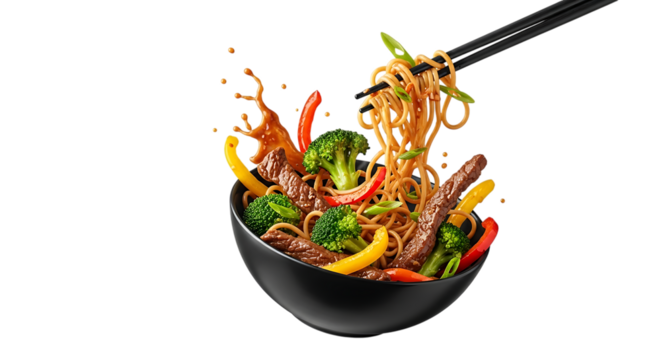 Delicious asian noodle with vegetable and meat isolated on transparent background