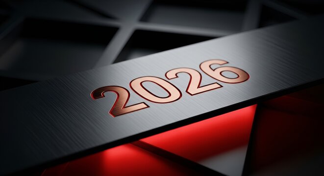 Metallic 2026 Engraved on Dark Brushed Steel with Red Cinematic Glow for Business, Technology, and Future Planning Concept