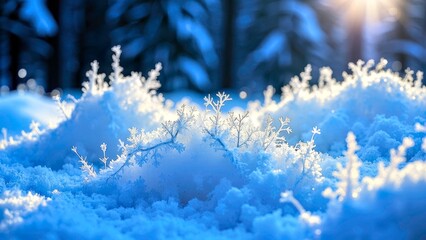 Natural close-up of snow scenery and snowflakes