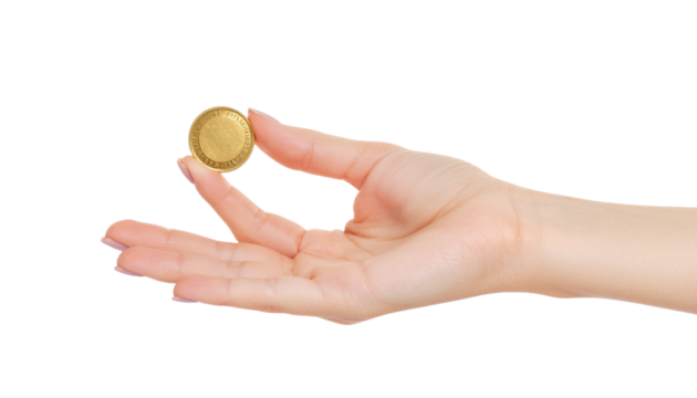 A hand delicately holding a coin, a symbol of finance and wealth