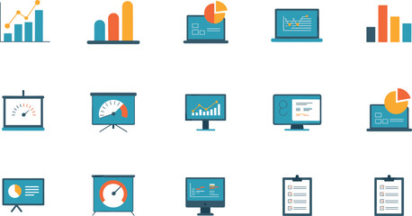 Set of business analytics and data visualization icons, flat design illustration collection for charts, reports, statistics, and presentation templates