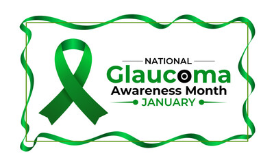 Promote eye health with this green ribbon design for Glaucoma Awareness Month in January. Ideal for medical campaigns, health posters, and vision care awareness projects. Banner poster background.