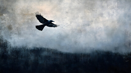 An eagle in flight merges with the silhouette of a man jumping through blue clouds and sunset air, capturing the freedom of wings and travel like a soaring aircraft or jet plane