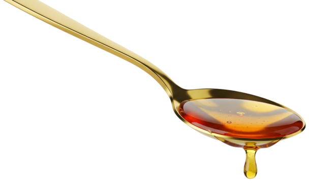 Golden Spoon with Dripping Honey on White Background, Studio Shot of Amber Syrup in Polished Spoon, Viscous Liquid Drip from Metallic Dessert Spoon, Isolated Golden Spoon with Honey Drop, High-Detail 