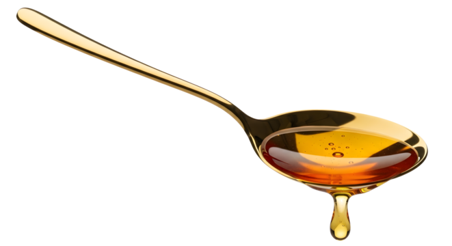 Golden Spoon with Dripping Honey on White Background, Studio Shot of Amber Syrup in Polished Spoon, Viscous Liquid Drip from Metallic Dessert Spoon, Isolated Golden Spoon with Honey Drop, High-Detail 