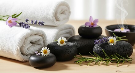 Spa still life with hot stones, towels, and flowers for relaxation and wellness.