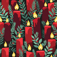 Red candles decorated with greenery on dark background for winter  