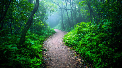 A sunlit footpath winds through a lush green forest landscape where hiking trails and vibrant foliage create a peaceful nature walk under the summer trees