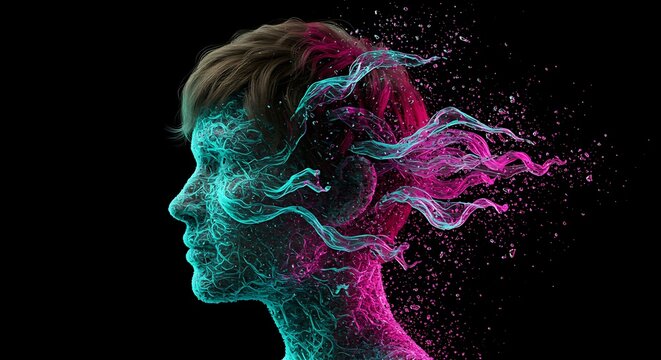 Artistic depiction of a profile view of a head disintegrating with fluid neon colors