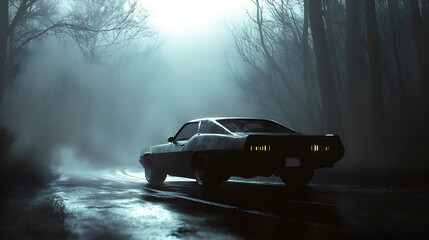 A fast white automobile driving through cold winter snow and fog creates a motion blur on the city street road as the vehicle maintains speed in traffic