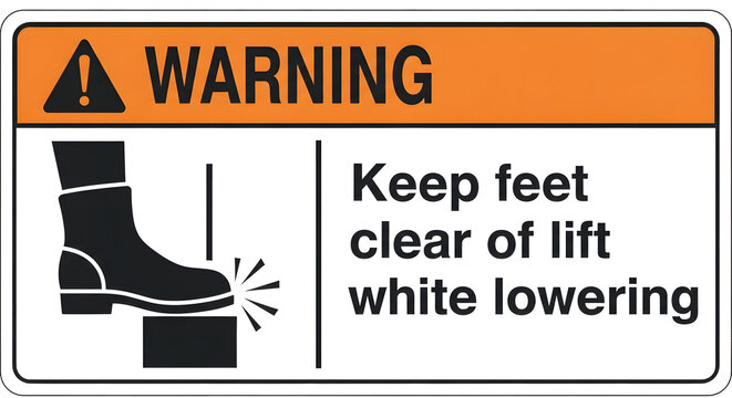 Foot Crush Warning Sign with Orange Header, Safety Sign “Keep Feet Clear of Lift While Lowering”, Industrial Hazard Warning Sign, Workplace Safety Sign with Boot Icon, Black and White Safety Pictogram