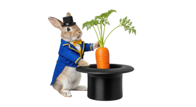 Magician rabbit pulls carrot from a hat isolated PNG with Transparent Background