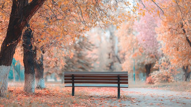 Tranquil Autumn Park Scene Wooden Bench Golden Fall Foliage Background
