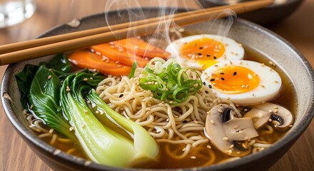 Steaming hot bowl of delicious ramen with fresh ingredients and chopsticks.