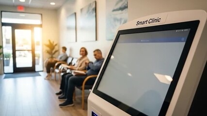 Patient using digital kiosk for health questionnaire in modern clinic waiting area - Powered by Adobe