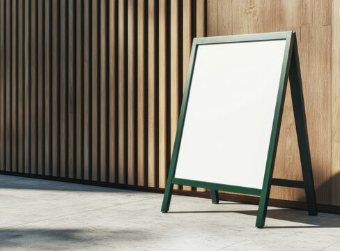 Empty vertical poster board with green frame placed outdoors by wooden wall