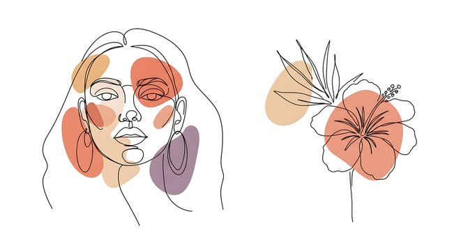Artistic line art of a woman's face and hibiscus, with pastel colored accents