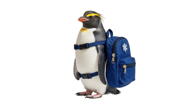 Penguin with a blue backpack going to school isolated PNG with Transparent Background
